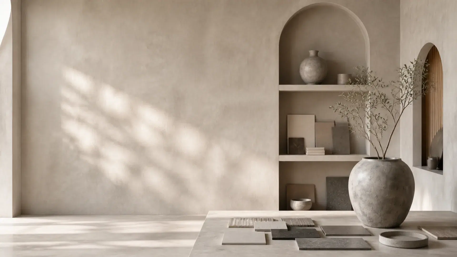 暖白塗料牆面前的石缽與枝葉