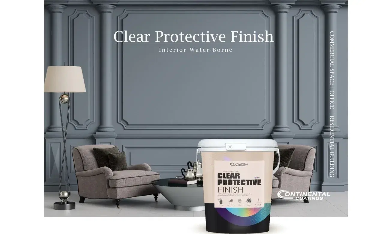 潤彩鍍膜漆形象主視覺：灰藍古典線板牆客廳場景，Clear Protective Finish 標題與產品桶身完整入鏡