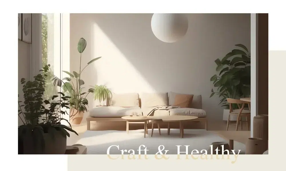 Craft & Healthy 形象視覺——日光灑落的北歐風客廳情境照，疊印米金色 Craft & Healthy 標語