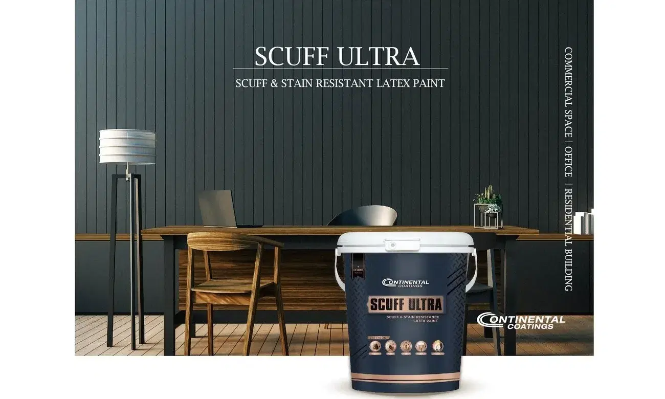 SCUFF ULTRA 康潔麗耐磨乳膠漆形象主視覺——深色木質商辦空間場景與產品桶身、品牌標誌