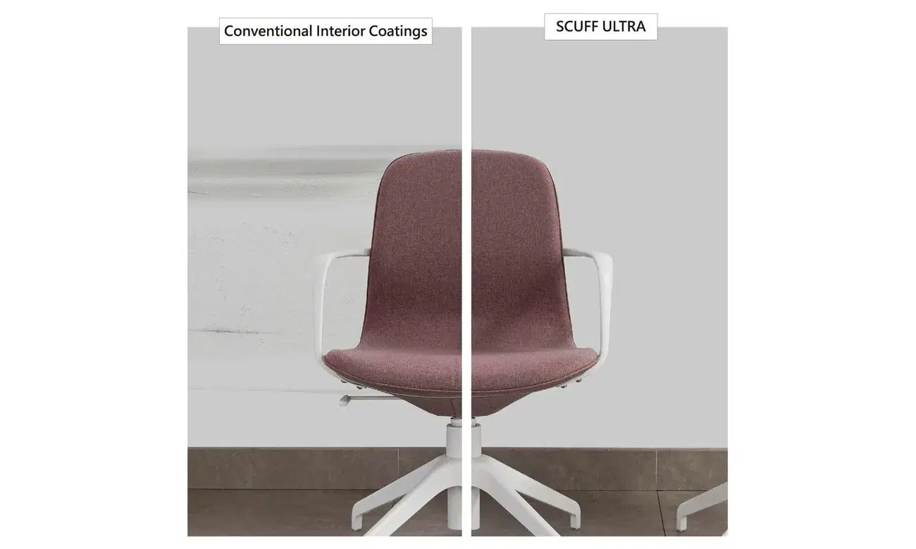 生活刮痕模擬對照——一般室內塗料與 SCUFF ULTRA 牆面（辦公椅摩擦情境）耐磨抗污對比